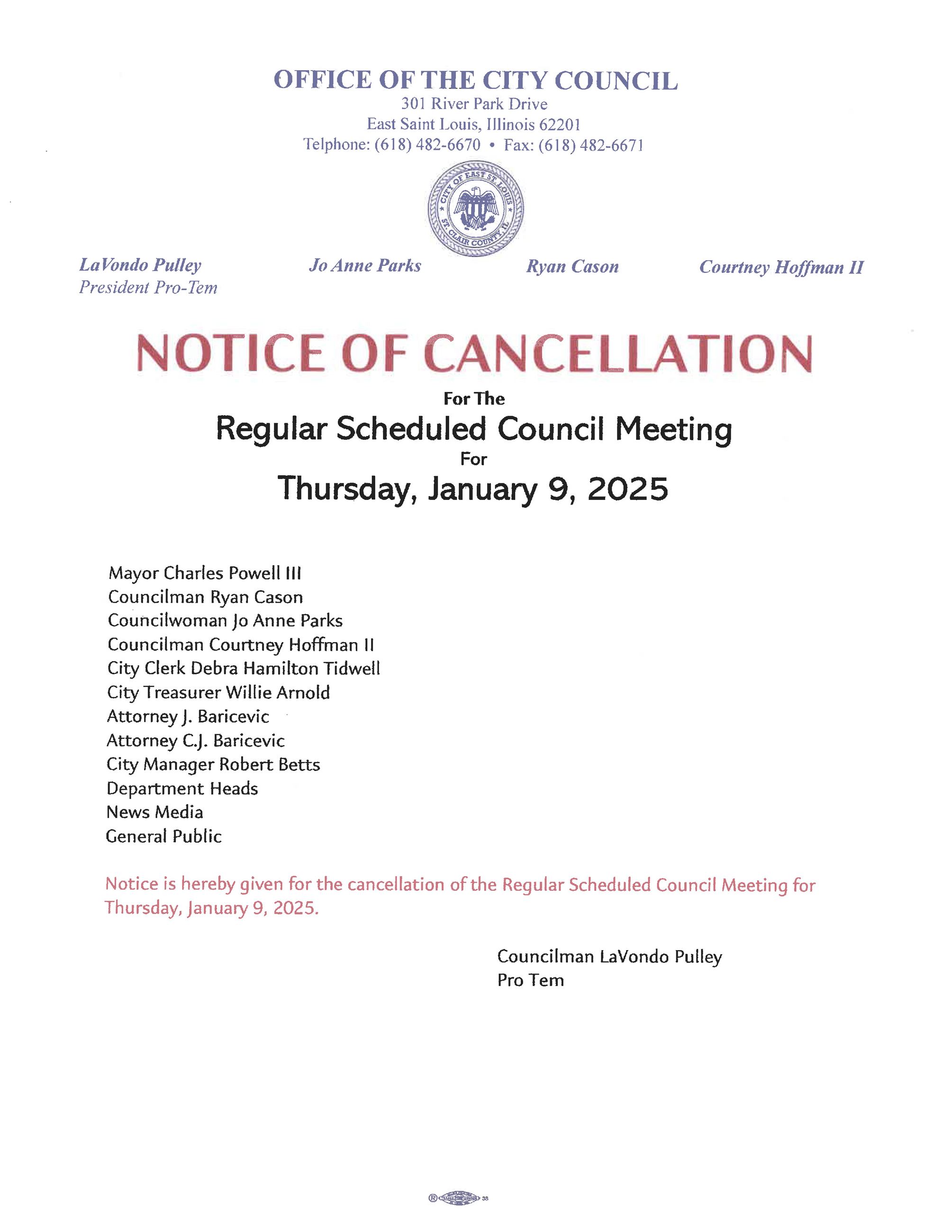 Jan 9 Cancellation 