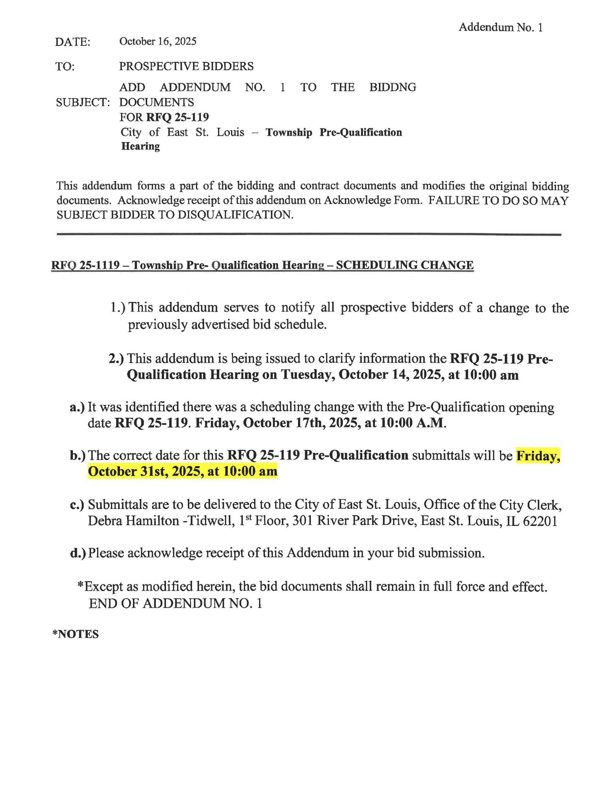 RFQ 25-119 - TOwnship Pre-Aualification Hearing - Scheduling Change