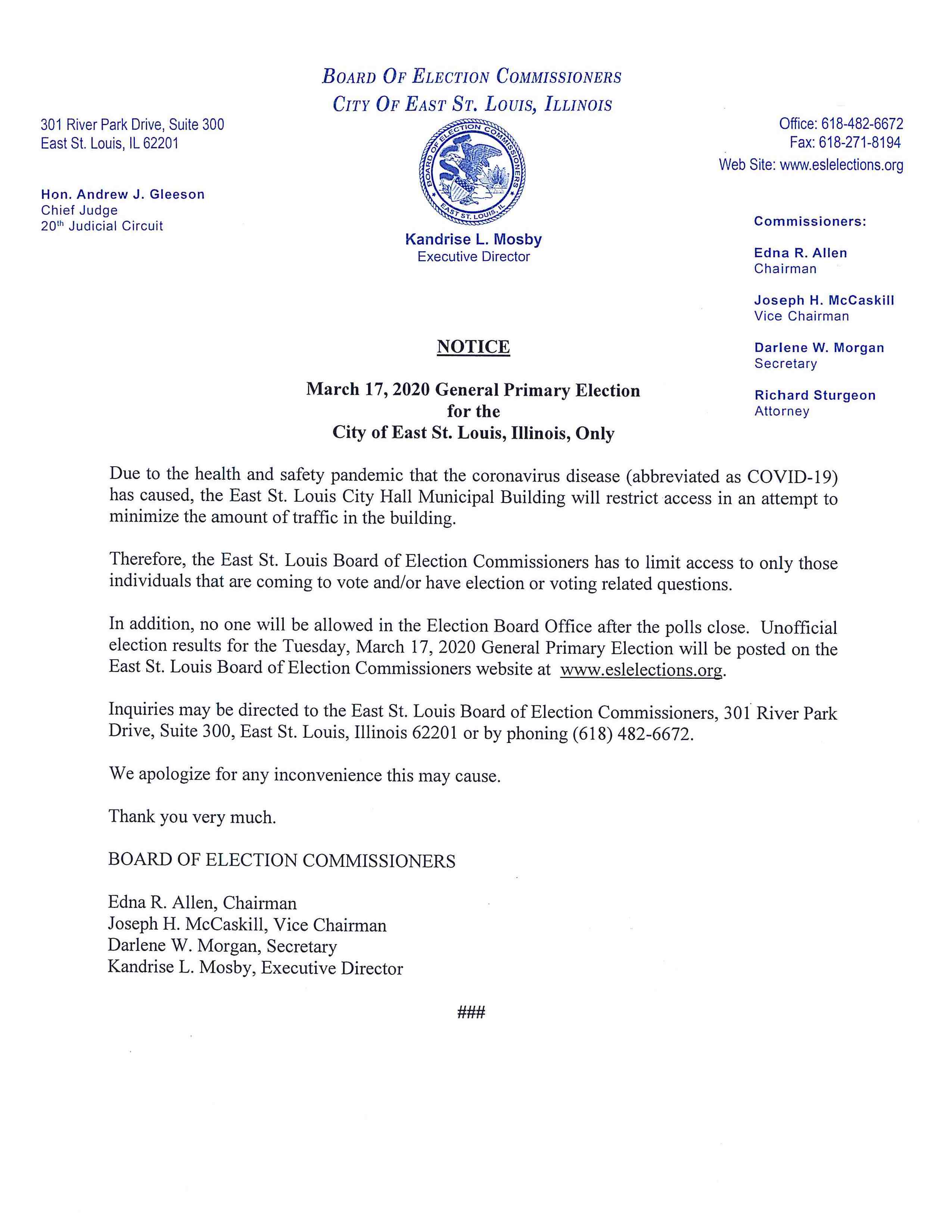 March 2020 Election, ESL City Hall Election Day Limited Access