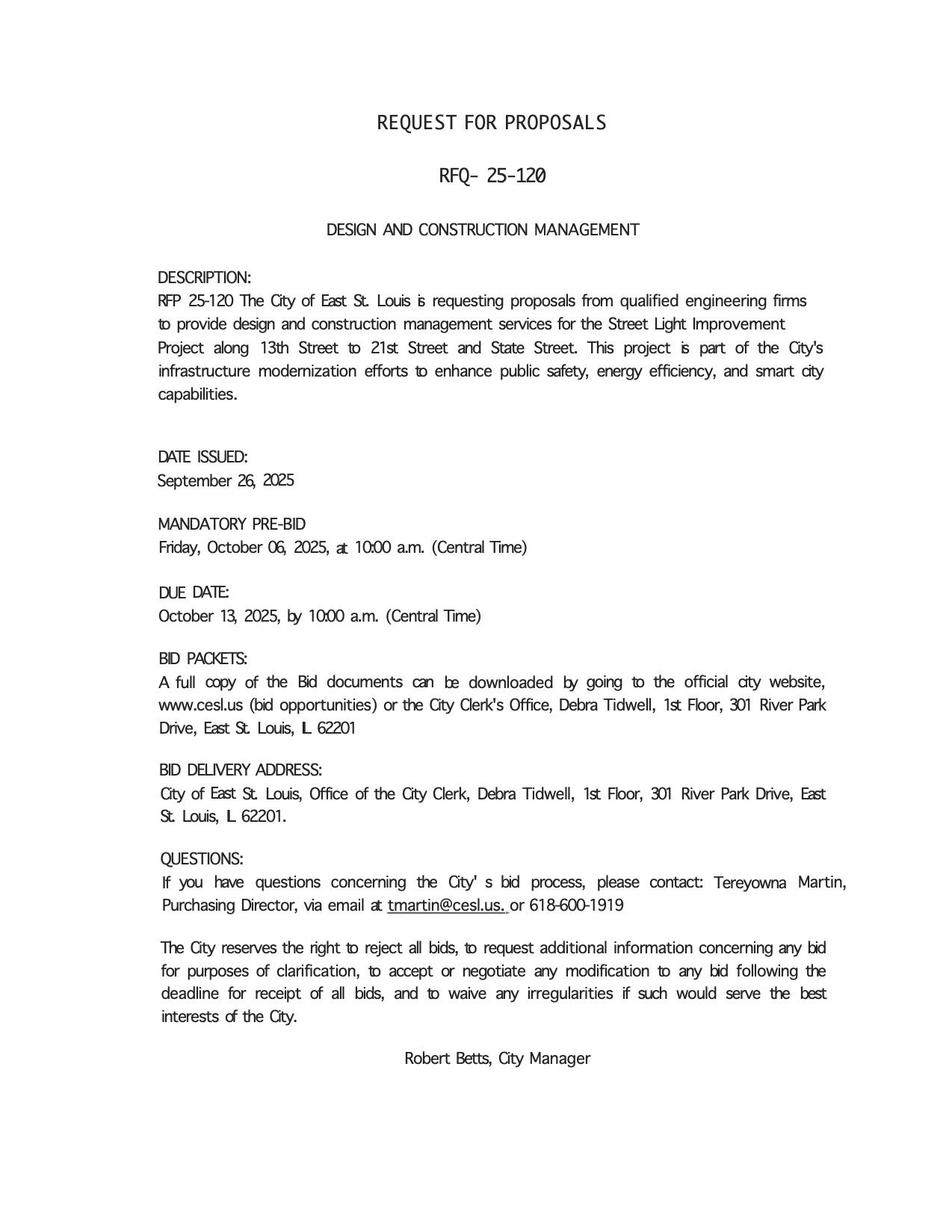 RFQ 25-120 Design and Contruction Management