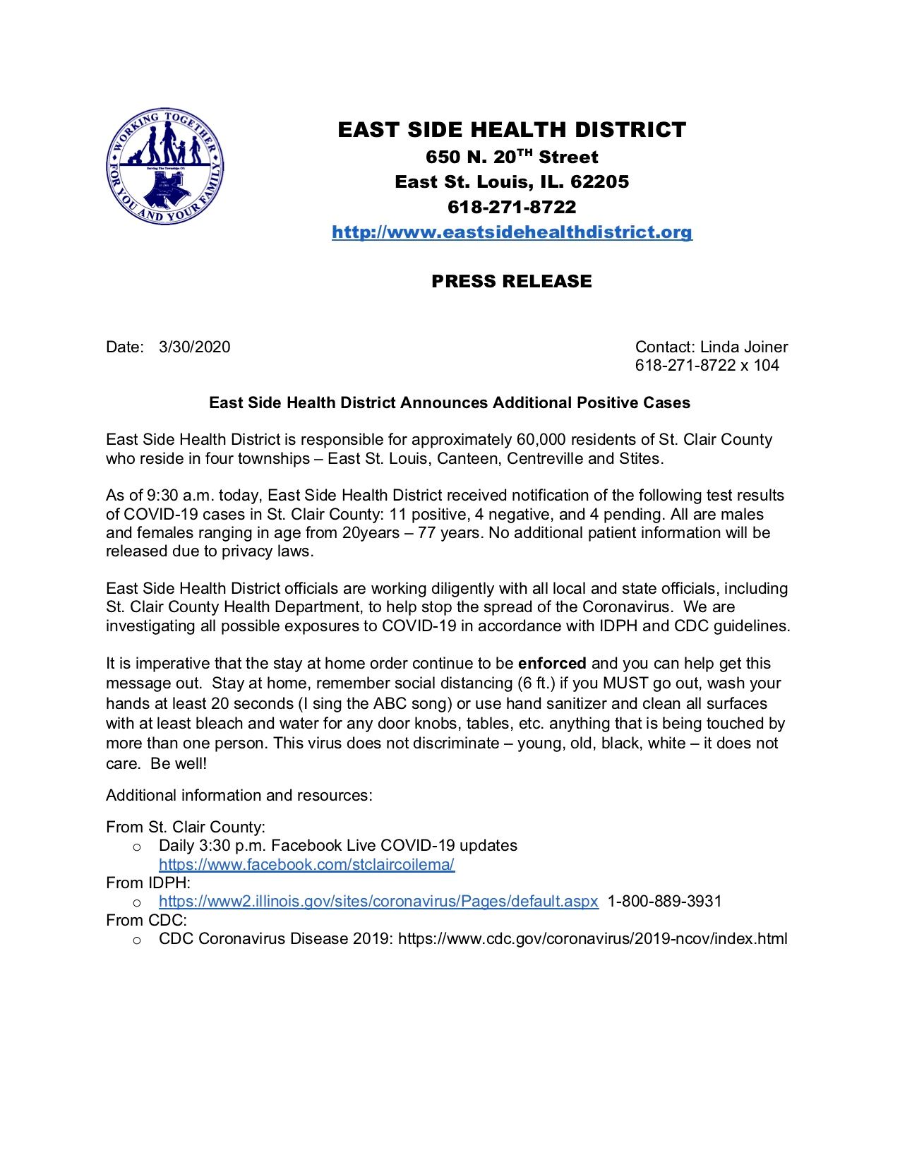 East Side  Health District Press Release 03-30-20
